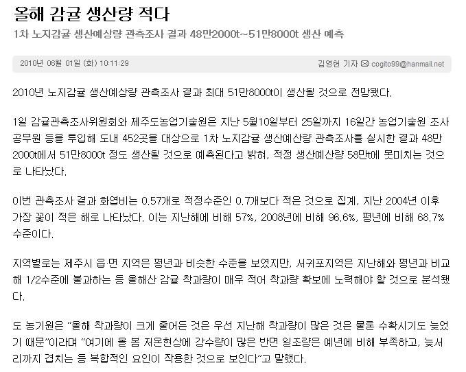 올해 감귤 생산량 적다